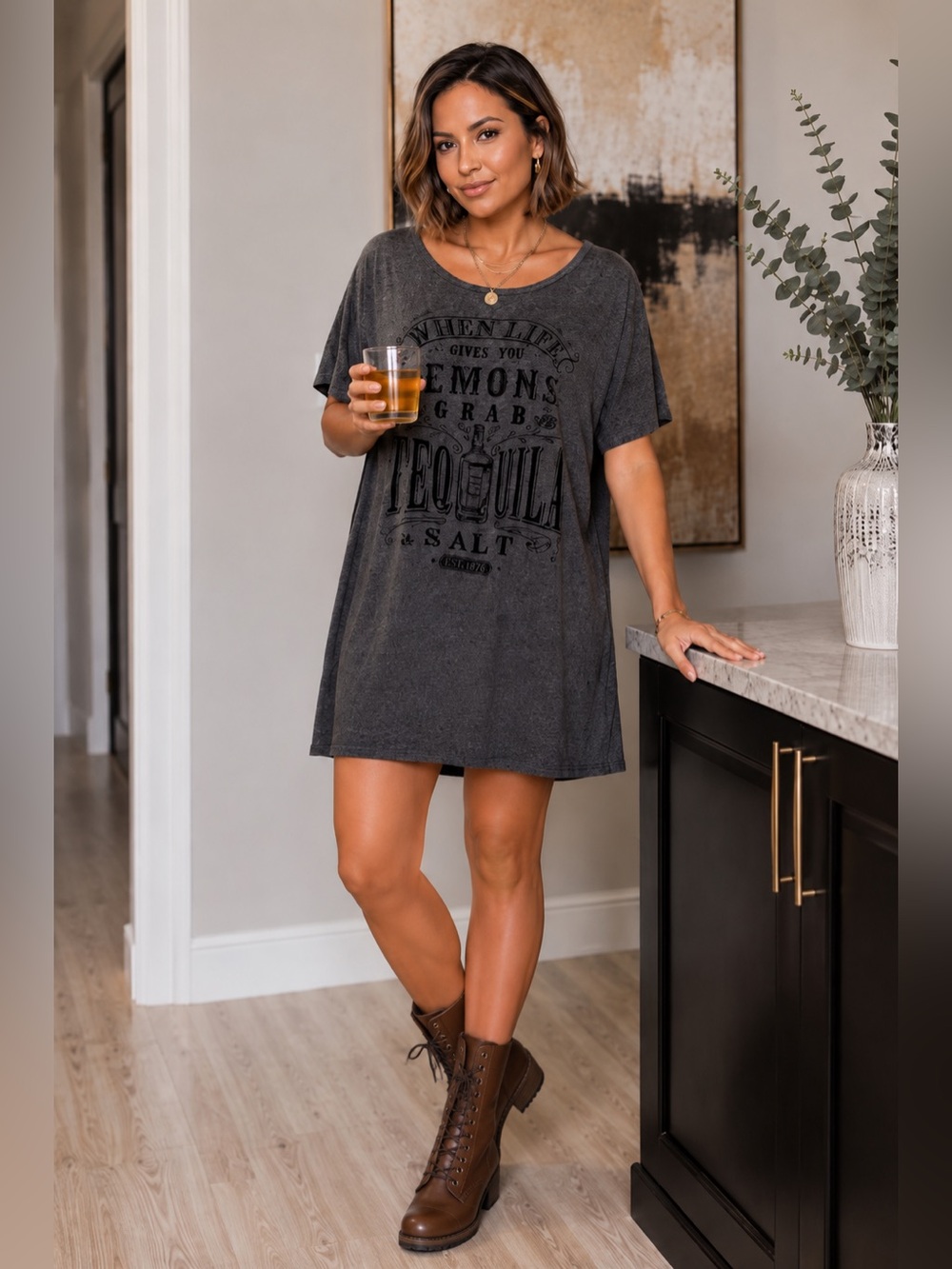 "T-shirt Tequila 'When Life Gives You Lemons' Charcoal Grey"Graphic Tee Dress 2X
